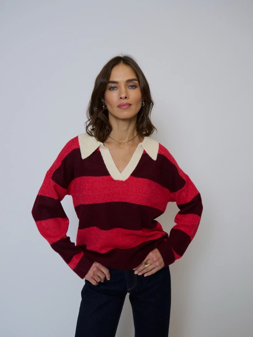 Central Park West Marley Striped Ruby Sweater-Red Multi  Size Large